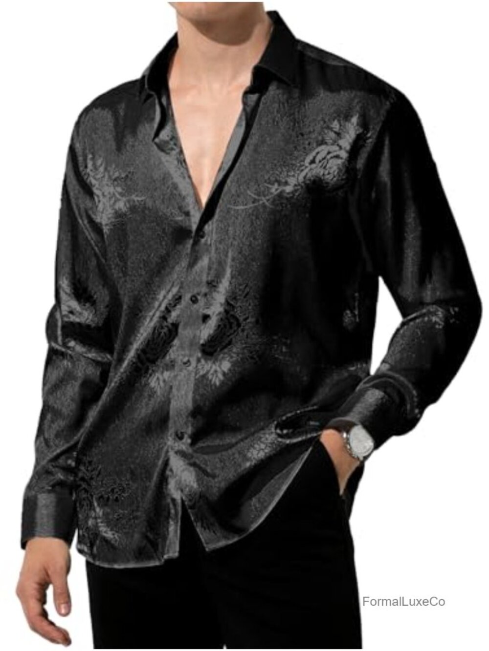 Men's Satin Slim Fit Button Down Dress Shirt Long Sleeve Jacquard Shiny